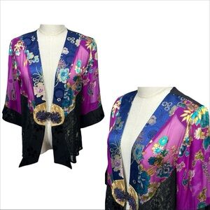 VTG Spencer Alexis Asian Inspired Silk Blend Floral Lace Boho Kimono Jacket Sz M